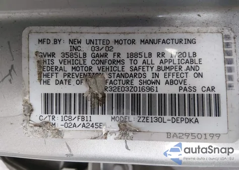 2003 Toyota Corolla Ce from USA, damaged, VIN 1NXBR32E03Z016961